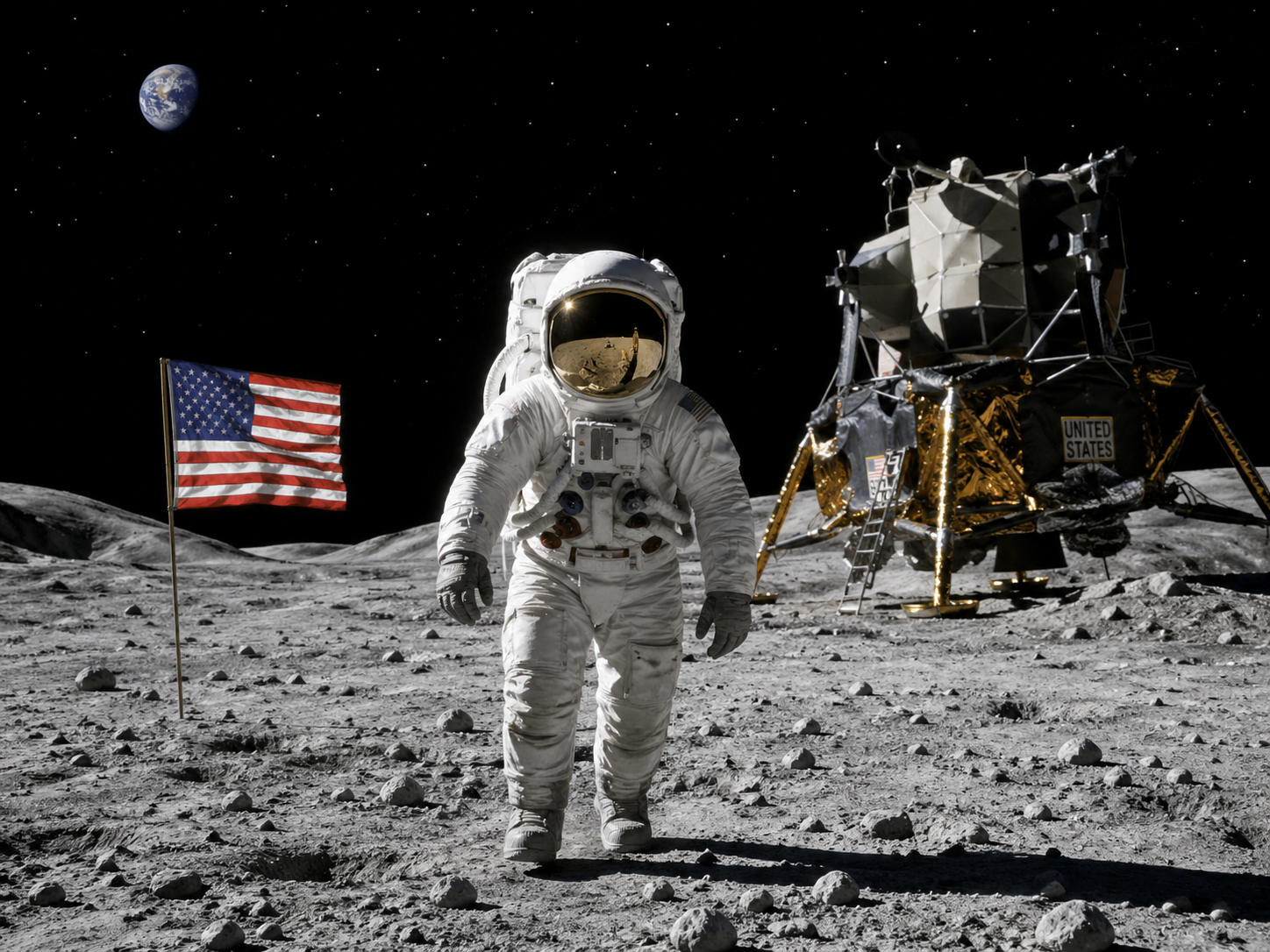 Astronaut walking on the moon with lunar module in the distance